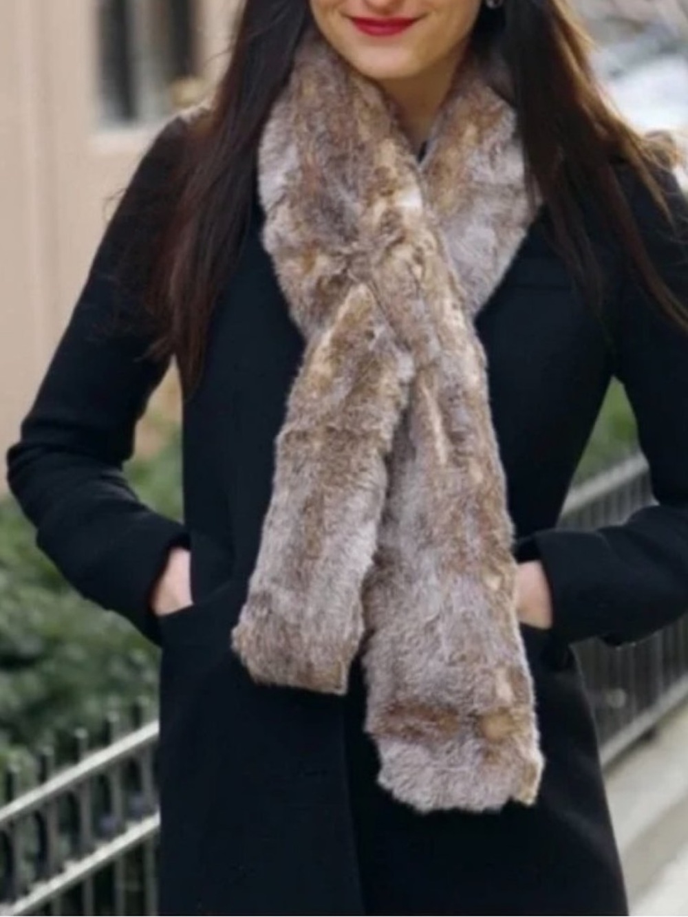 Restoration Hardware Brown Cream Luxe Vegan Faux Fur Scarf Length 5 x 54 inches